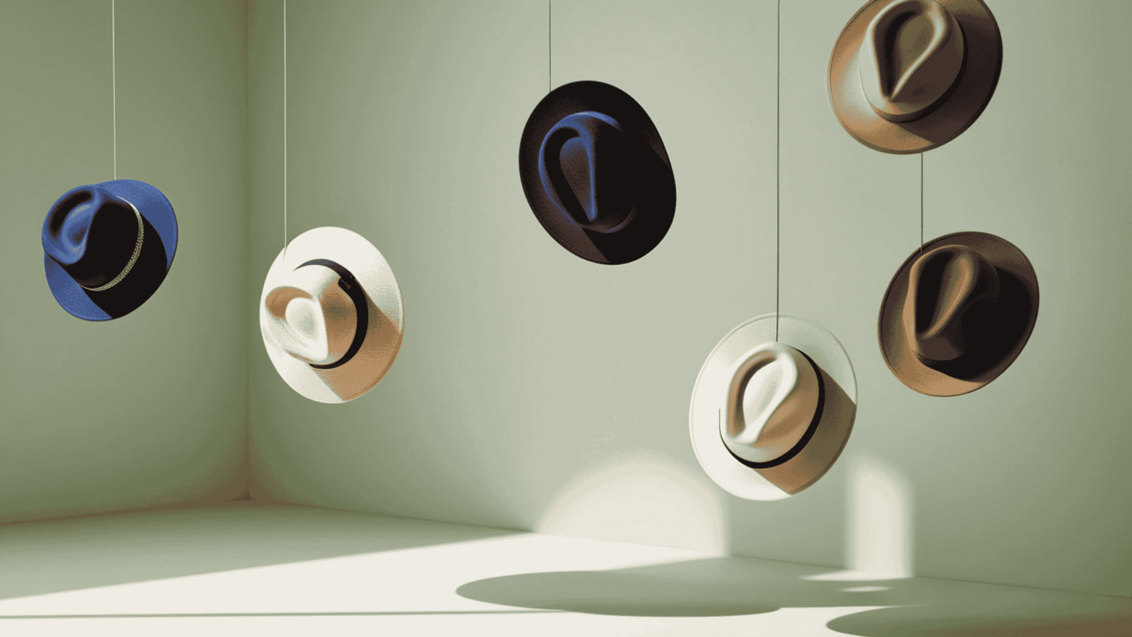 hats hanging in a window dispaly